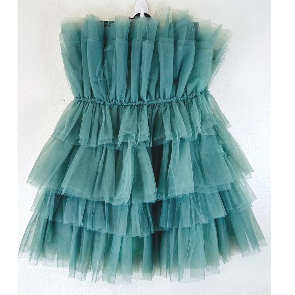 MABLE Party Fairy Whimsy Sage Green Tulle Strapless Tiered Ruffle Mini Dress S